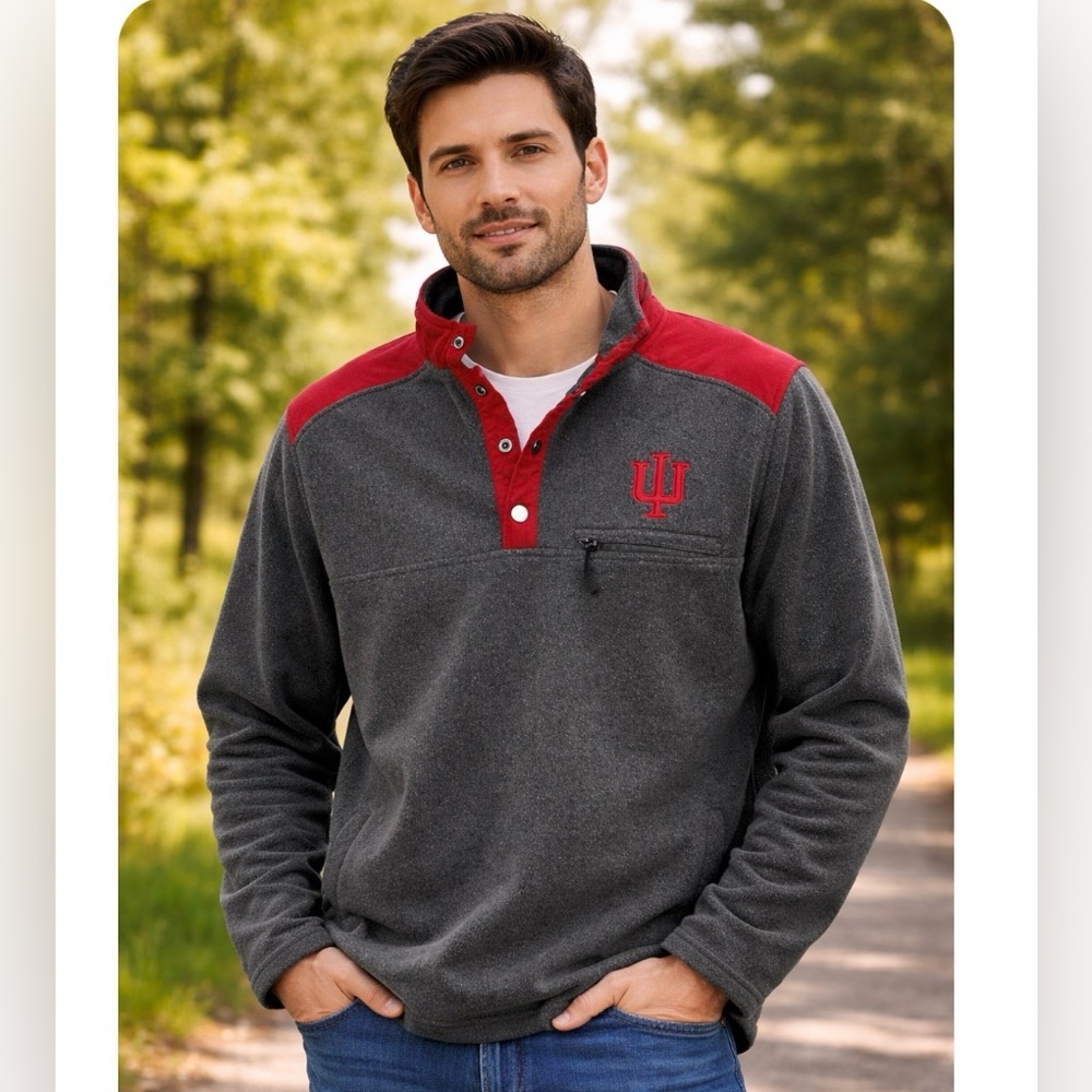 University of Indiana Hoosiers Men's Gray and Red Pullover Fleece Jacket Large
